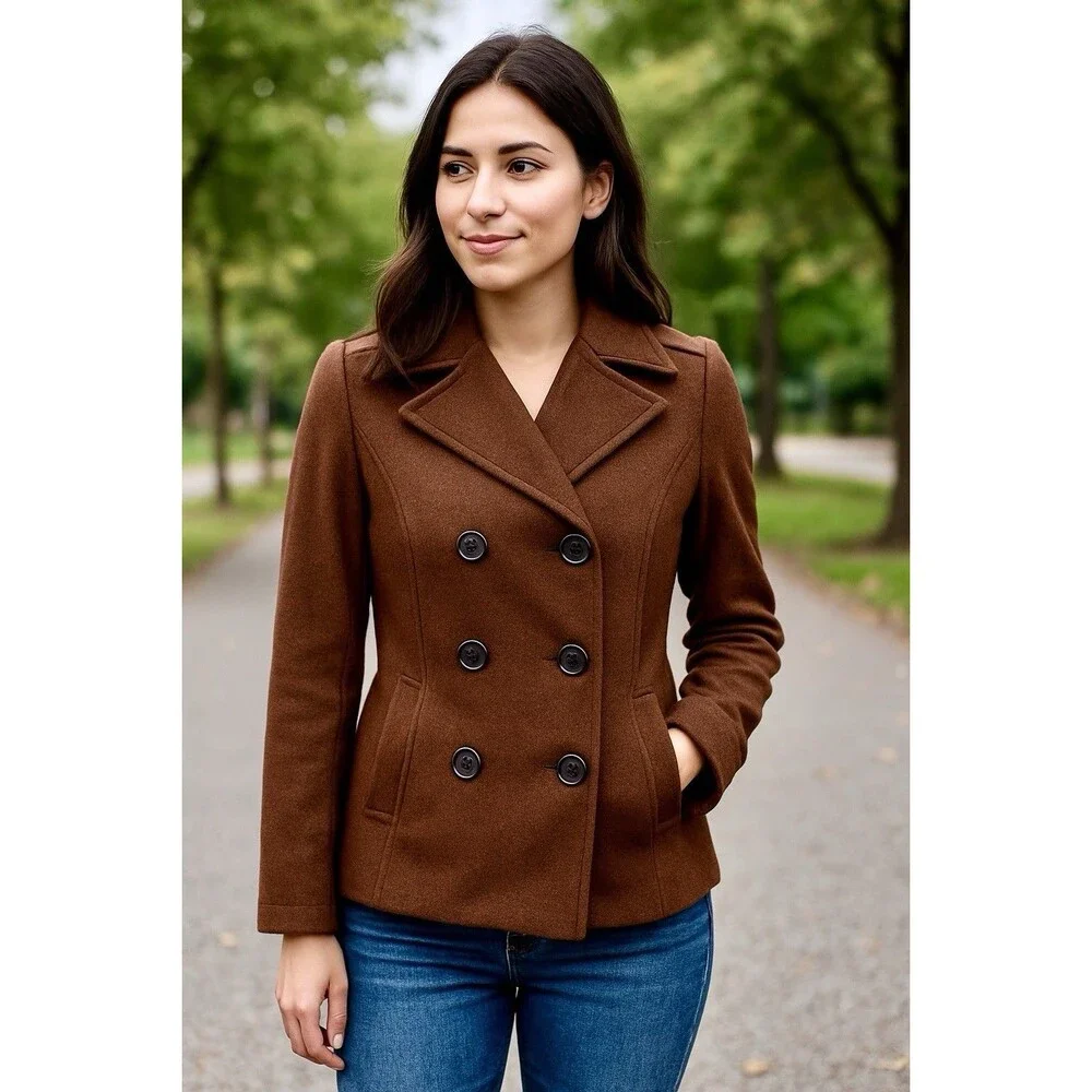Women’s Brown Wool Blend Double Breasted Jacket‎ Classic Tailored Peacoat Sz XS